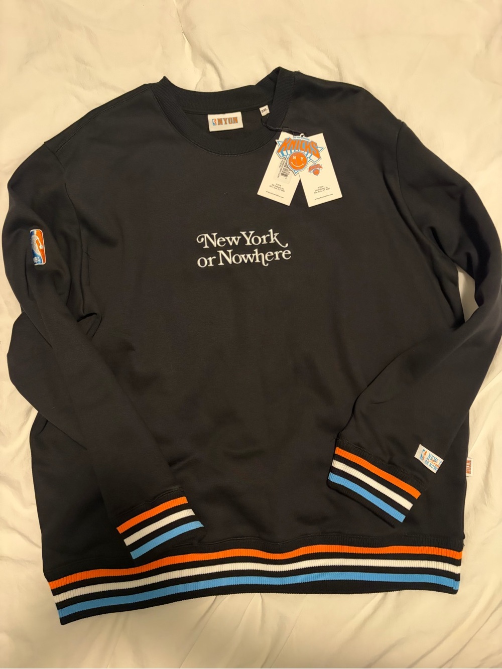 New York or Nowhere Black Crewneck Sweatshirt with Stripe Trim